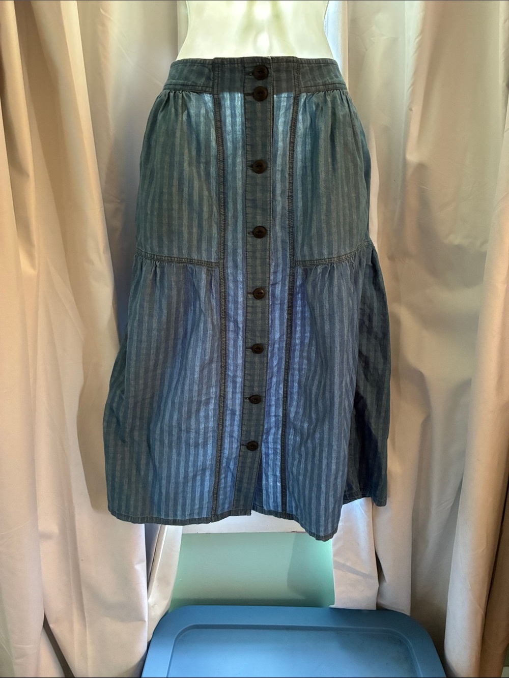 Madewell Blue Striped Button-Front Midi Skirt
